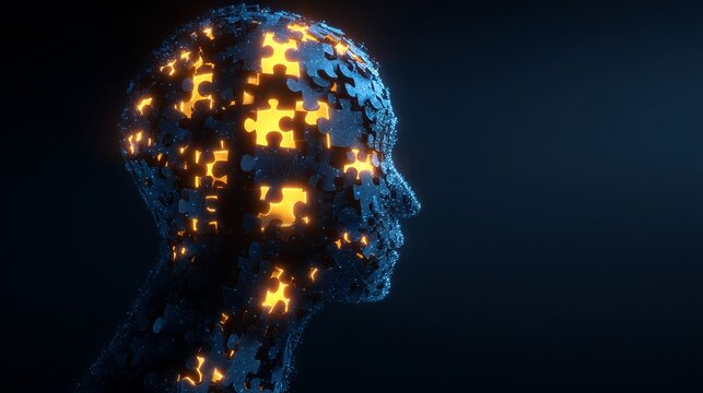 Abstract human head formed from glowing puzzle pieces, symbolizing complex thought processes, artificial intelligence, and the interconnectedness of ideas and knowledge