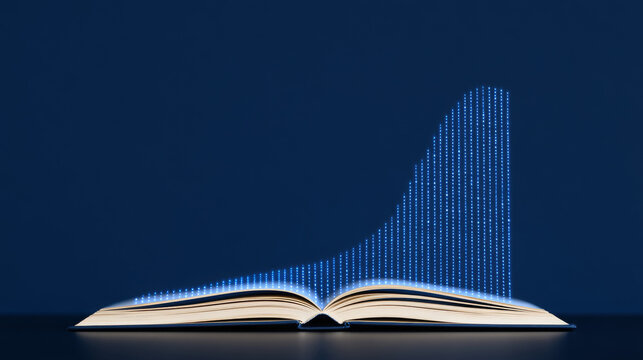 Open book with data visualization graph emerging on dark background  