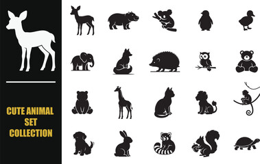 Fototapeta premium Stylized vector collection of cute animal silhouettes including deer, penguin, elephant, fox, owl, and more, ideal for design, decoration, education, and creative artwork