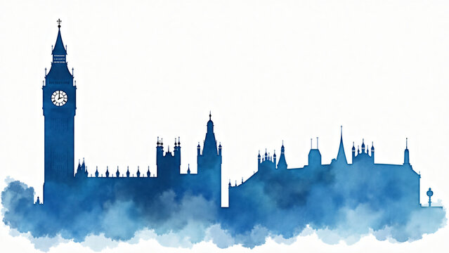 Blue watercolor silhouette of Big Ben and Palace of Westminster on white background with clean composition and elegant paint splashes