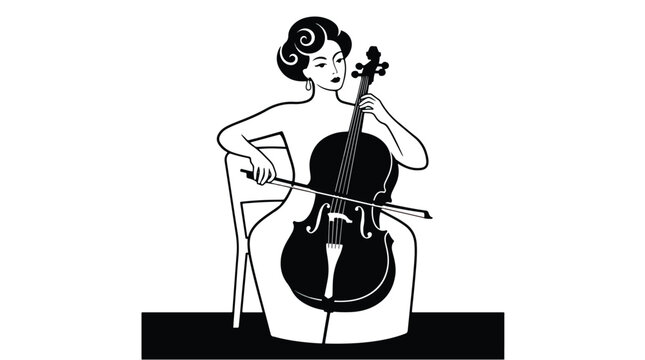 Vintage style female cellist playing musical instrument, elegant woman with cello vector illustration, black and white classical music performer