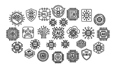 Fototapeta premium Set of artificial intelligence and machine learning icons featuring circuit boards microchips and digital brain technology elements