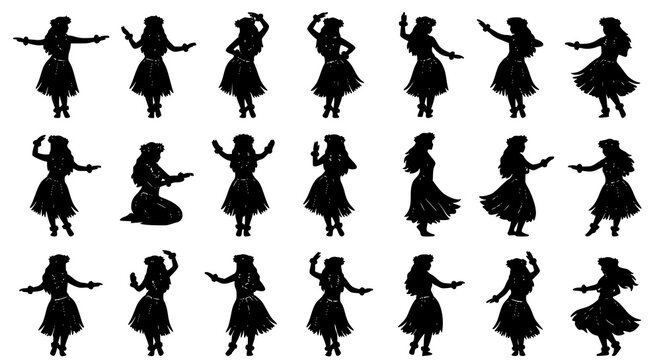 Collection of black silhouettes of hula dancers performing traditional hawaiian dance moves on a white background