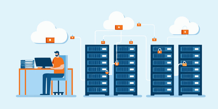 cloud security concept flat vector illustration server rack lock data protection network technology internet privacy encryption digital infrastructure cyber safety information storage computer