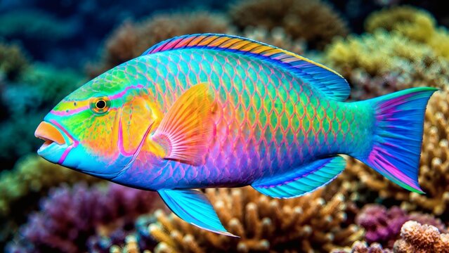 Vibrantly colored parrotfish swimming among coral reefs underwater  