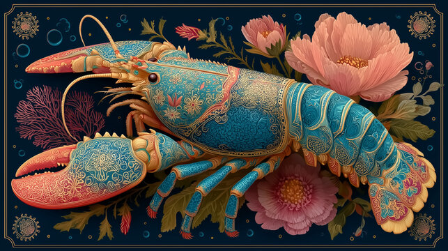 Luxury decorative lobster with intricate floral folk ornaments, vibrant coral reef, tropical marine plants, Scandinavian folk illustration