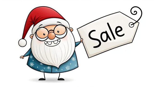 Funny cartoon playful Santa Claus with price tag with text sale isolated on white background, animation