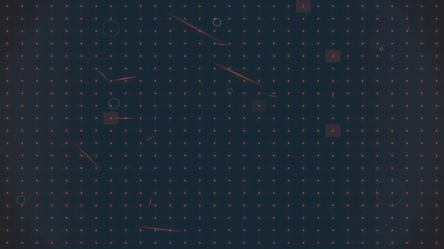 Abstract dark background with glowing orange lines and a digital grid pattern of small dots