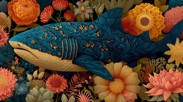 Powerful shark decorated with intricate Scandinavian folk floral motifs, swimming through an enchanted coral reef, colorful marine life