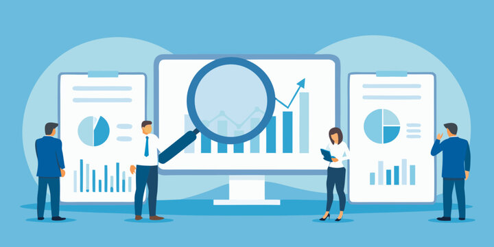 team analyzing data on computer screen flat vector illustration analysis people chart graph magnifying glass business finance statistics collaboration workplace strategy planning visual