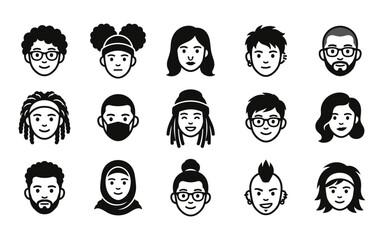 Fototapeta premium Set of diverse hand drawn doodle style character portraits featuring various hairstyles and facial features for social media and design projects