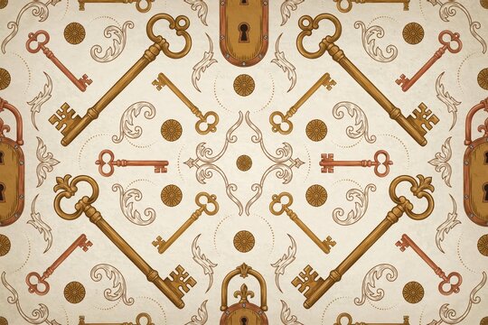 Seamless pattern featuring vintage brass keys and ornate padlocks arranged with decorative floral scrolls on a textured beige paper background