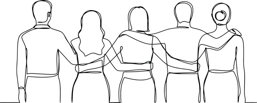 Continuous single line art of a group of diverse friends standing together from the back with arms around shoulders
