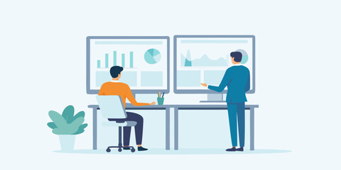 Fototapeta premium two people working at desk flat vector illustration office collaboration teamwork computer monitor chart graph business professional workspace interaction communication analysis data visual