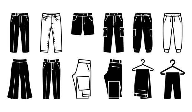 Set of various pants and trousers silhouettes including jeans cargo pants sweatpants and shorts in black and white