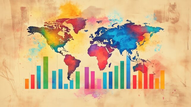 Global market growth dashboard in vibrant watercolor with world map layered behind rising bar charts colorful pie graph and flowing analytics on textured paper 