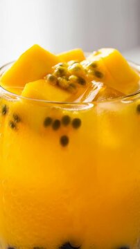 Fresh mango and passionfruit bubble tea with tapioca pearls in a chilled glass icy tropical beverage with mango cubes and seeds, closeup triptych