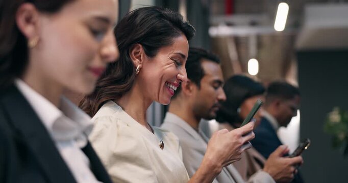 Phone, recruitment and woman in waiting room, business or laugh at funny joke for job search. Mobile, interview and mature person in line with group for hiring, career opportunity or humor on text