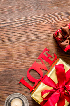 concept Valentine Day love wooden background top view mock up