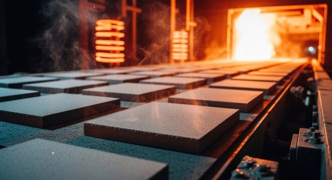 Industrial sintering furnace zone with ballistic ceramic plates in final firing stage emphasizing strength buildup in protective materials.