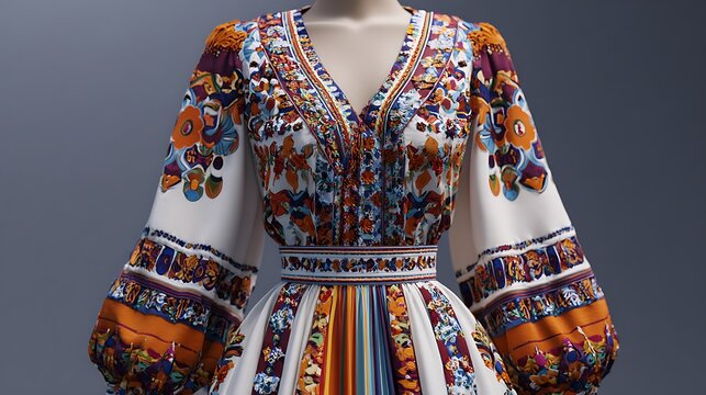 A dress with colorful ethnic prints, white background