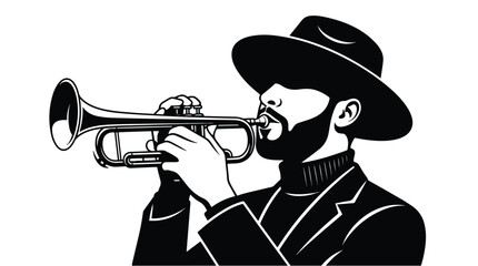 Vintage jazz trumpet player vector illustration, man in fedora hat playing brass instrument, black and white musician silhouette for concert posters © HDAI