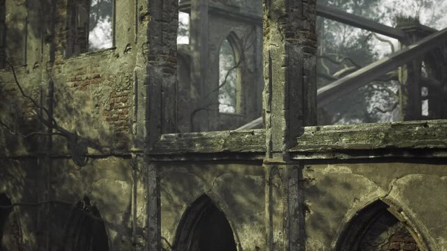 Overgrown chapel archway with creeping vines and moss, soft sunlight filtering, urban explorer tracing history amid collapsing ribs and textured stone