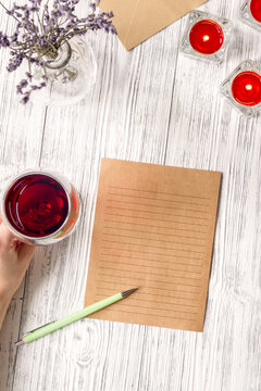 concept Valentine's Day love letter wooden background top view