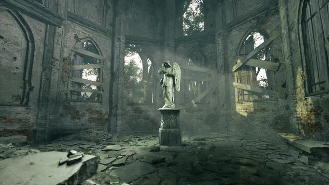 Ancient statue illuminated by light, dust motes drifting through broken stained glass, crumbling plaster and fallen stone, atmosphere of reveal and research,