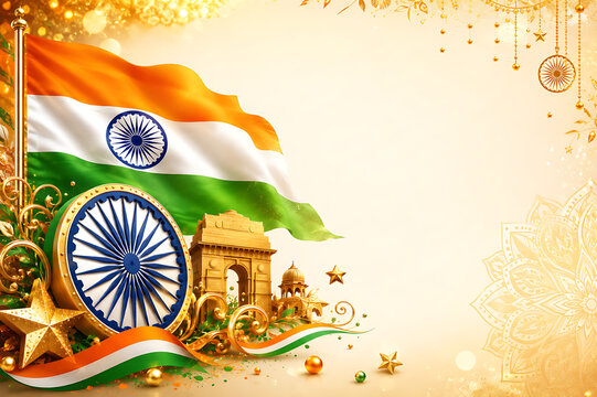Happy Indian Independent Independence Day Celebration, Republic Day, Indian Flag Banner with Blank Space for Editorial Use Template