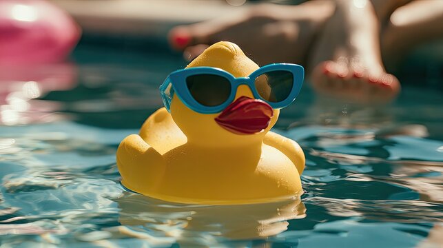 Cool yellow rubber duck wearing stylish sunglasses and red lips in a pool