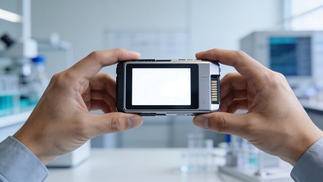 Generative AI captures a person holding a digital camera in a modern laboratory setting