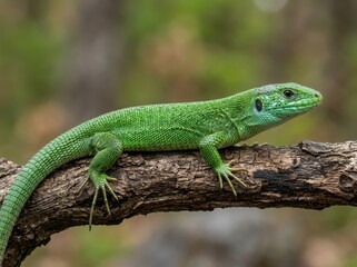 Fototapeta premium Bright green lizard perched on a textured tree branch in a natural forest setting