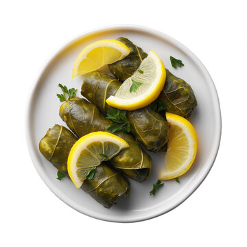 Stuffed grape leaves. Dolma with lemon slices and herbs isolated on transparent background. Dish on the plate for menu, cafe, design.
