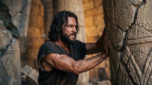 Strong man Samson pushing against stone temple pillars. Ancient biblical hero exerting physical power. Destruction of the Philistine temple