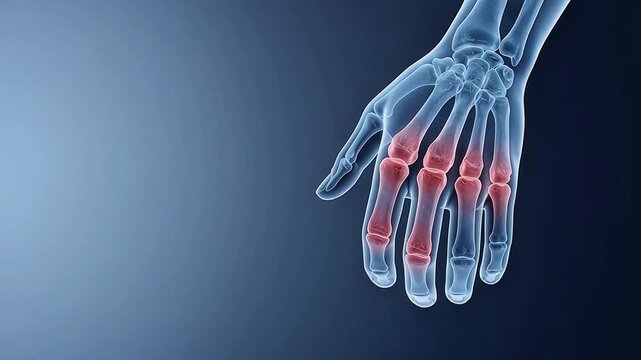 3D Medical Illustration of Human Finger Joint Arthritis Anatomy on Blue Background