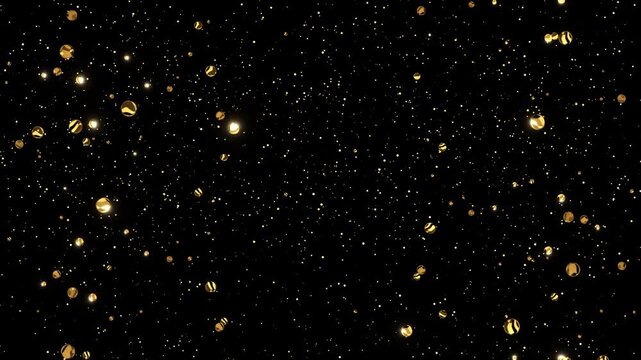 3D glowing metallic spheres and glittering gold bokeh gently falling through a black abyss, creating a premium presentation backdrop for luxury brand showcases and elite award ceremonies.

