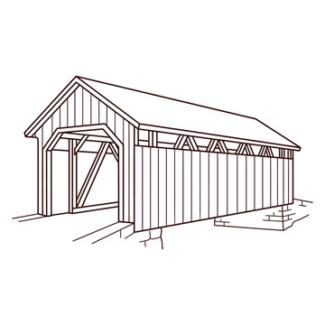 Covered Bridge Outline Drawing, Vintage Architecture, Rural Landmark, Simple Vector Art