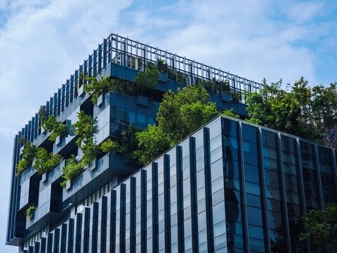 Glass building Sustainable Eco friendly Vertical garden design Well being with green environment concept