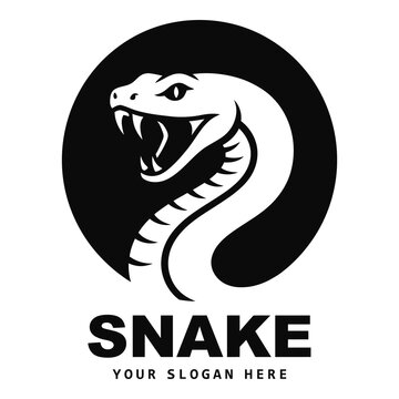 Black and white snake logo with open mouth and sharp teeth on circular background icon