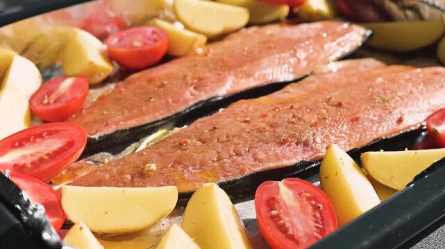 Salmon fillets are placed on a baking tray surrounded by sliced tomatoes and potatoes. The scene takes place in a kitchen, showing a food preparation process