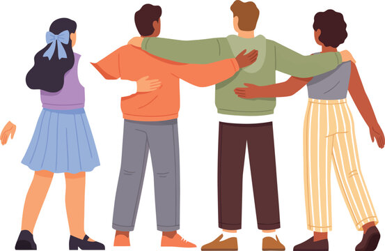 Flat vector illustration of a diverse group of young friends standing together from the back view with arms around shoulders