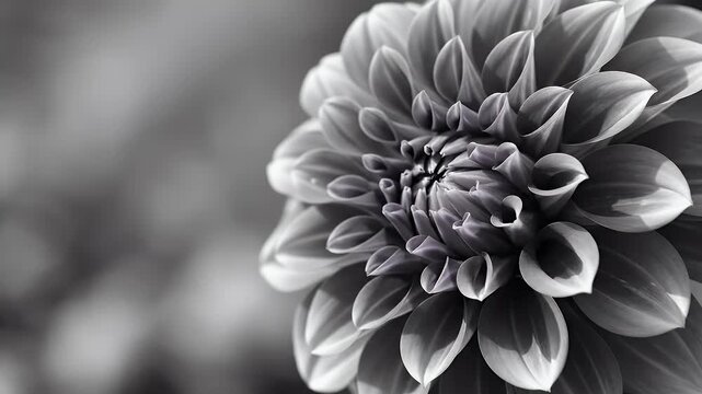 Close-up monochrome shot of a dahlia's intricate petals, soft bokeh