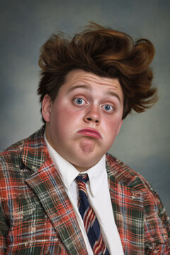 people of ai, yearbook photography of a person with huge swept-up dark-brown pompadour, surprised pout, wearing orange-and-green plaid blazer, 1980s portrait charcoal, photorealistic