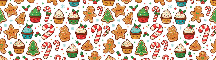 Fototapeta premium Seamless pattern of cute kawaii winter holiday sweets and gingerbread cookies
