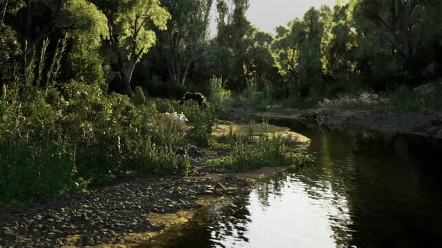 Warmlit river meadow with dense foliage and soft bank, golden highlights on grass, gentle water flow, pastoral calm perfect for relaxation and nature branding