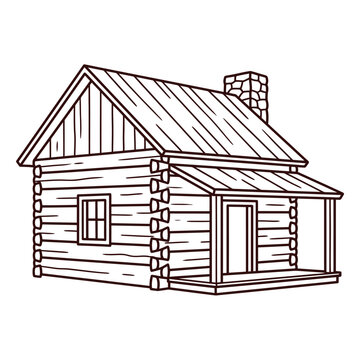Rustic Log Cabin Illustration - Hand Drawn Outline of a Cozy Home