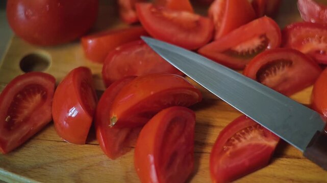 Chopping fresh tomatoes on a wooden cutting board using a sharp knife. The bright red tomatoes are cut into wedges for use in various dishes