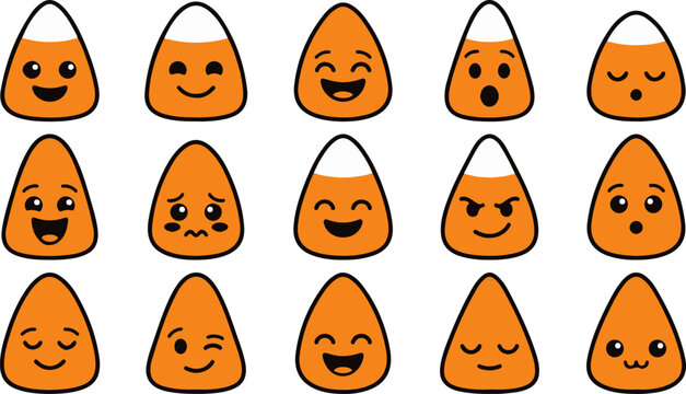 Set of cute candy corn characters with various funny facial expressions for halloween holiday design projects
