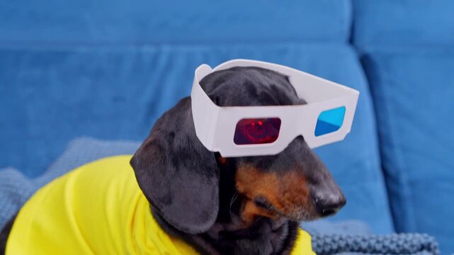 A black and tan dachshund dog wearing paper anaglyph 3d glasses and a yellow shirt sits on a blue sofa, a playful concept of home entertainment and film culture.